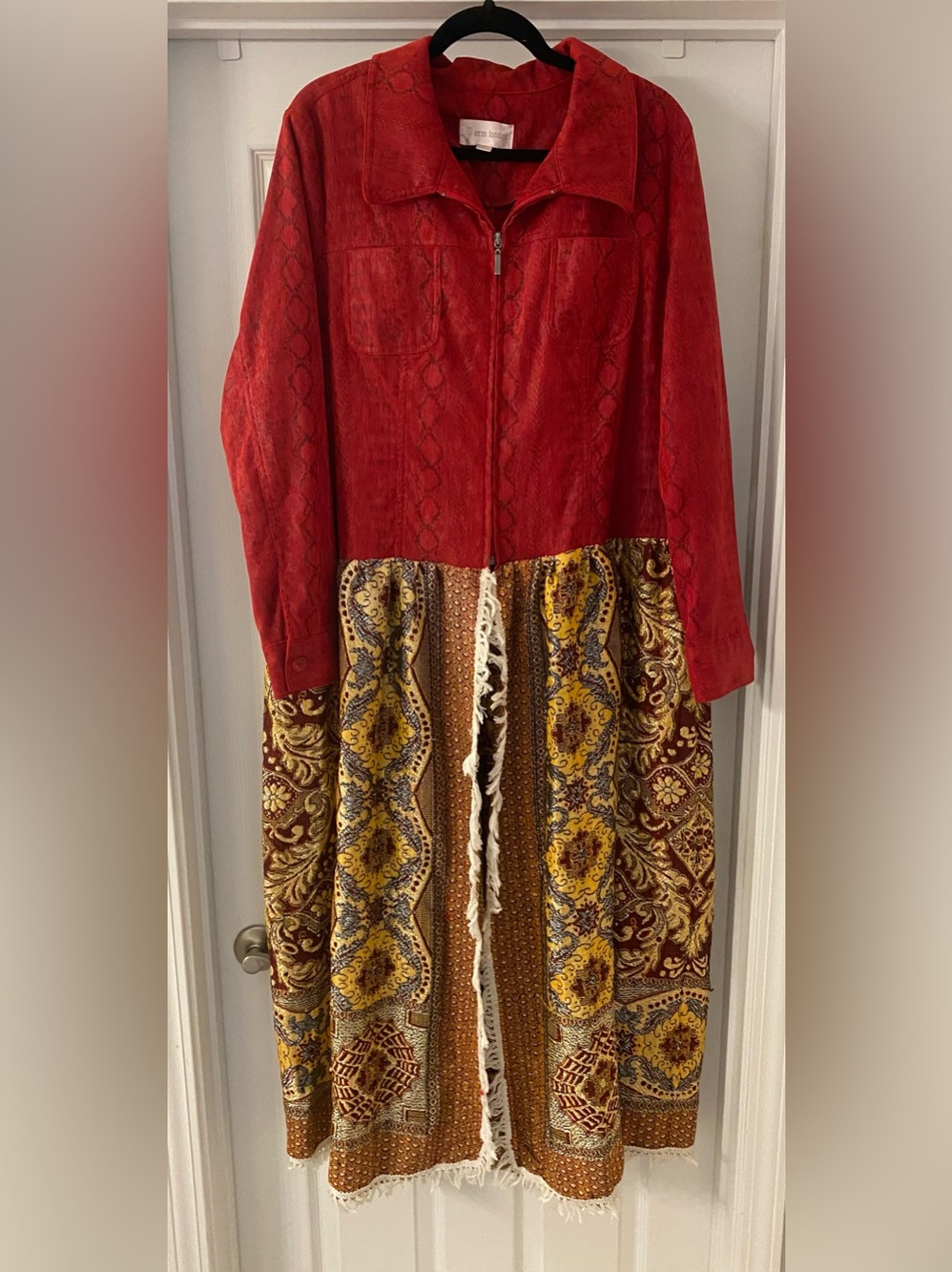 Upcycled Erin london Red Textured Jacket duster jacket is marked a size large